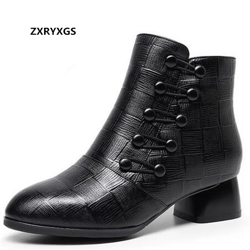 

Женские ботинки из воловьей кожи, с острым носком, на толстом каблуке