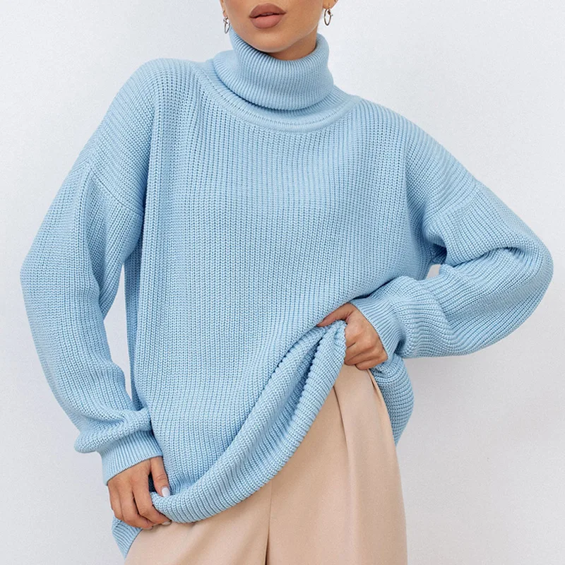 

Women's Oversize Sweater Black Turtleneck Long Sleeve Autumn Loose Blue Long Jumper Beige Knitted Warm Sweaters for Women