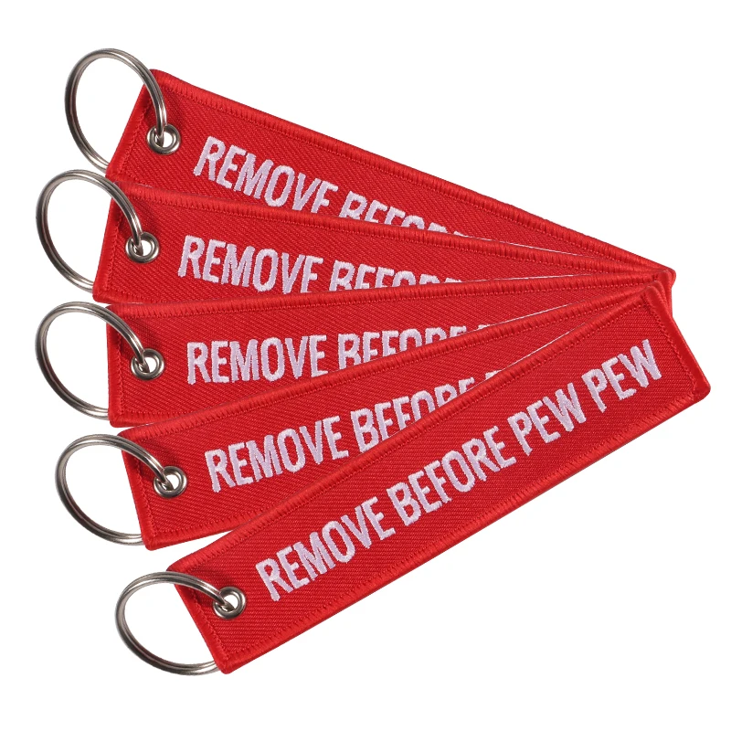 5 PCS/LOT Red REMOVE BEFORE PEW PEW Keychain For Aviation Gift Christmas Keychains Luggage Tag Embroidery Crew Key Chain