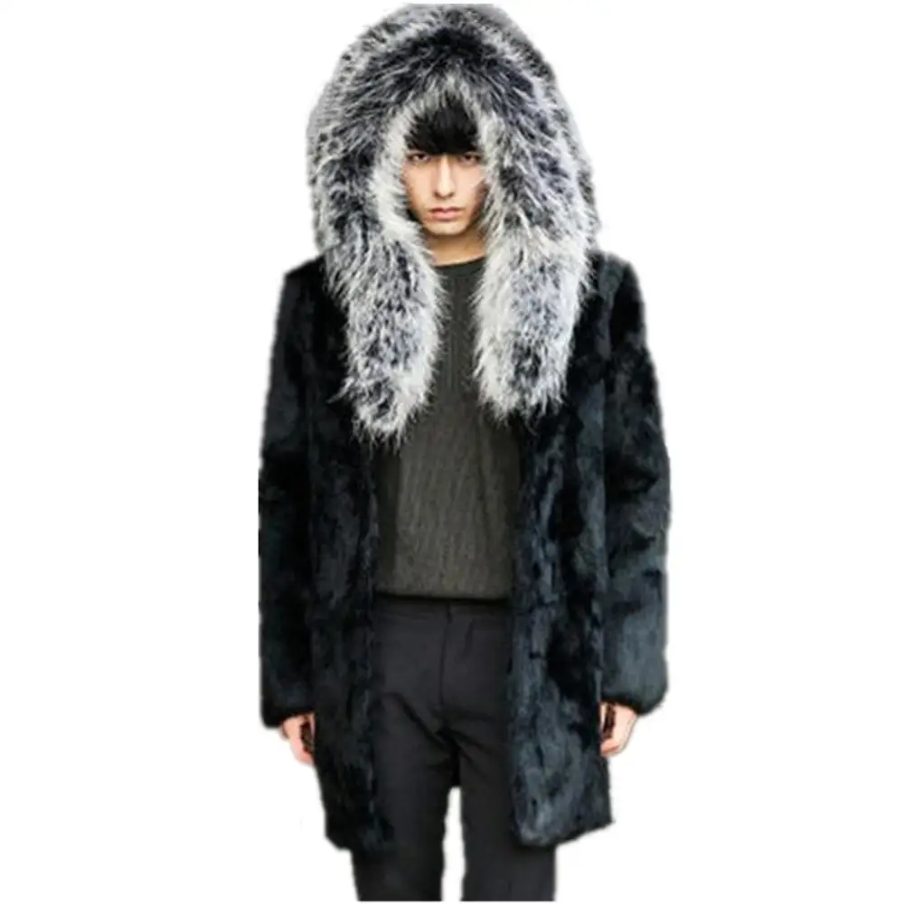 Autumn Winter Outwear Men's Faux Mink Fur Long Coat Big Hooded Parka Overcoat Thick Warm Black Fur Coat Jacket