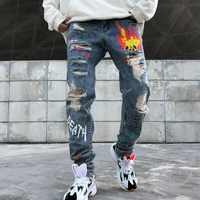 men punk streetwear graffiti printed ripped beggar skinny jeans hipster hip hop knee holes joggers jeans denim trousers
