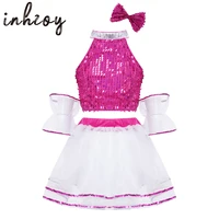 kids girls sleeveless pink shiny sequins stage performance jazz dance costume ballet tutu mesh dress set