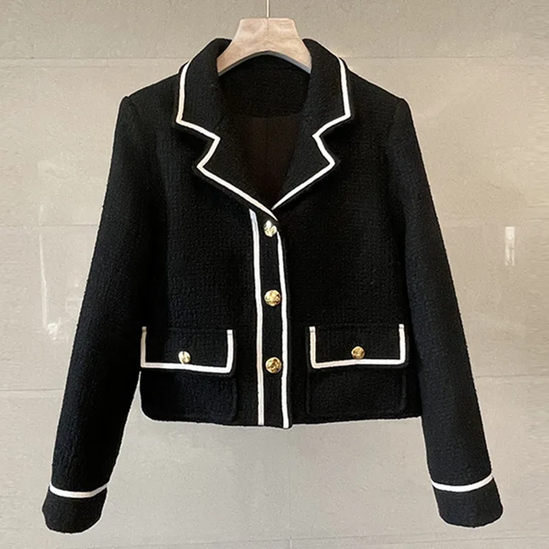 

Autumn Notched Collar Black Jackets Women Coat Runway Tweed Jackets Single Breasted Woolen Coats Outwear Long Sleeve k3332