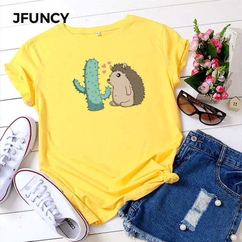 JFUNCY забавная Футболка с принтом ЁЖ размера плюс женская футболка летняя
