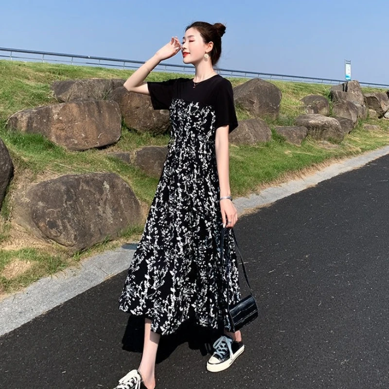 Платье женское, до середины икры, с принтом, повседневное, летнее, дышащее, черное, мягкое, А-силуэт, студенческое, новая мода, универсальное платье на любой случай, летнее платье для отдыха.