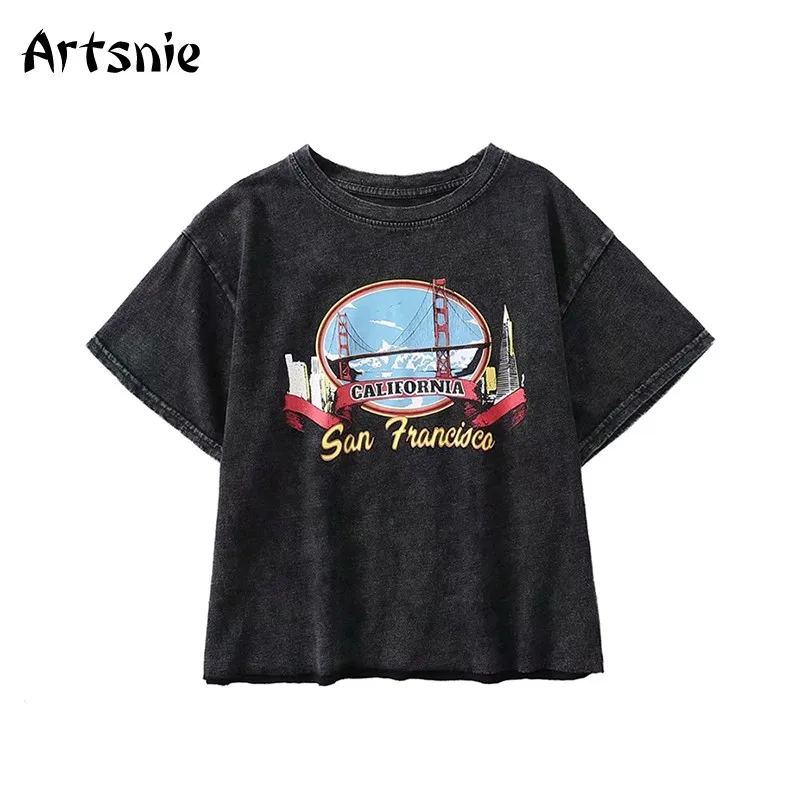 

Artsnie Black Casual Cartoon Print O Neck T Shirts Women Spring 2019 Short Sleeve Vintage Knitted Tops Female Streetwear T-Shirt