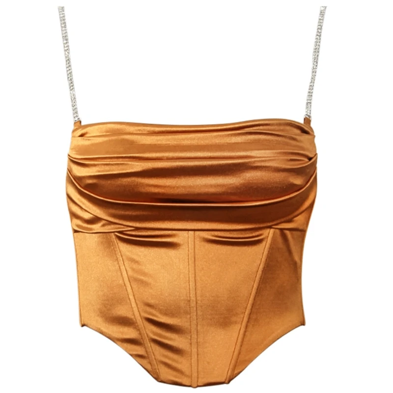 

Женский пикантный укороченный Топ Стразы с цепочкой, однотонный Атласный топ на бретелях-спагетти, майка на молнии, жилет на бретелях