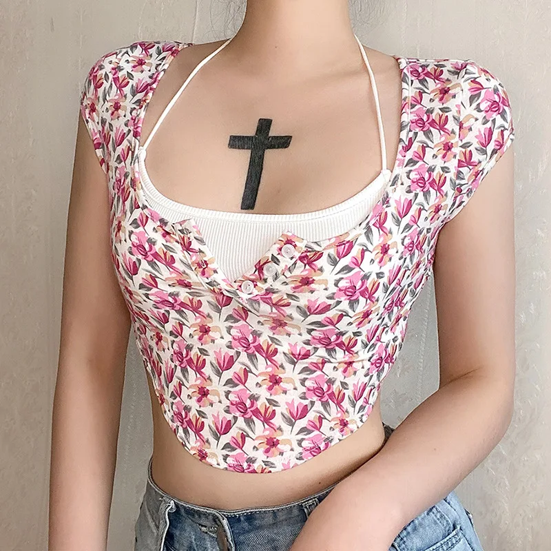 

Sexy Women Tank Tops Slim Navel Fashion Floral Sling Short Sleeve Two-Piece Suit Sling Vest Commute Street Summer 2021 New