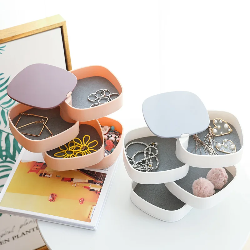 

Plastic Desktop Jewelry Box With Mirror Multilayer Earrings Jewelries 360 Degree Rotating Storage Box
