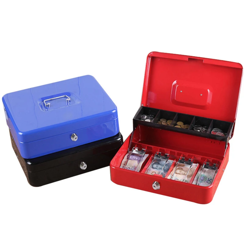 

Large Metal Cash Box for Safe Storage Cash Cash Box with Key or Combination Lock with 5 Coin Compartments ,4 Bills Spring Clips