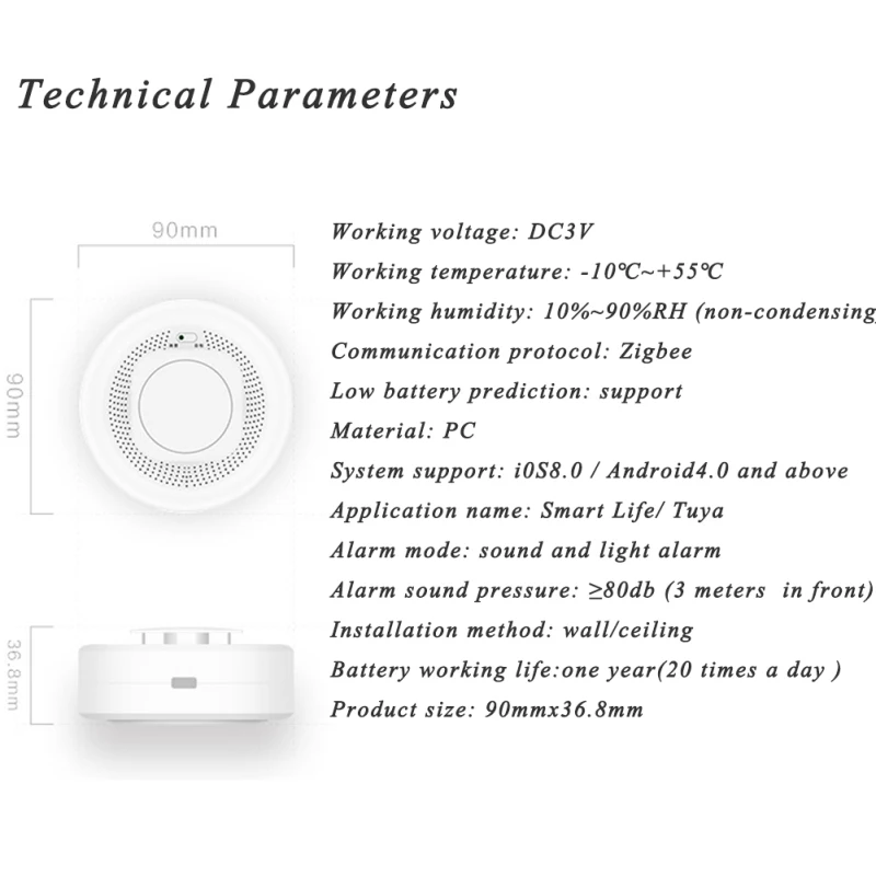 

Mr. Bai Smoke Detector Tuya ZigBee Smoke Network Alarm Smart Home Real-time Dual-sensor Detection Work With Tuya Smart Life APP