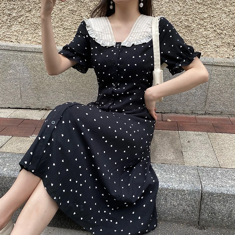 

5XL Plus Size Beach Long Dresses Summer 2021 Ladies Sweet V-neck Short Sleeve Cute Heart Printed Loose Casual Women A-line Dress