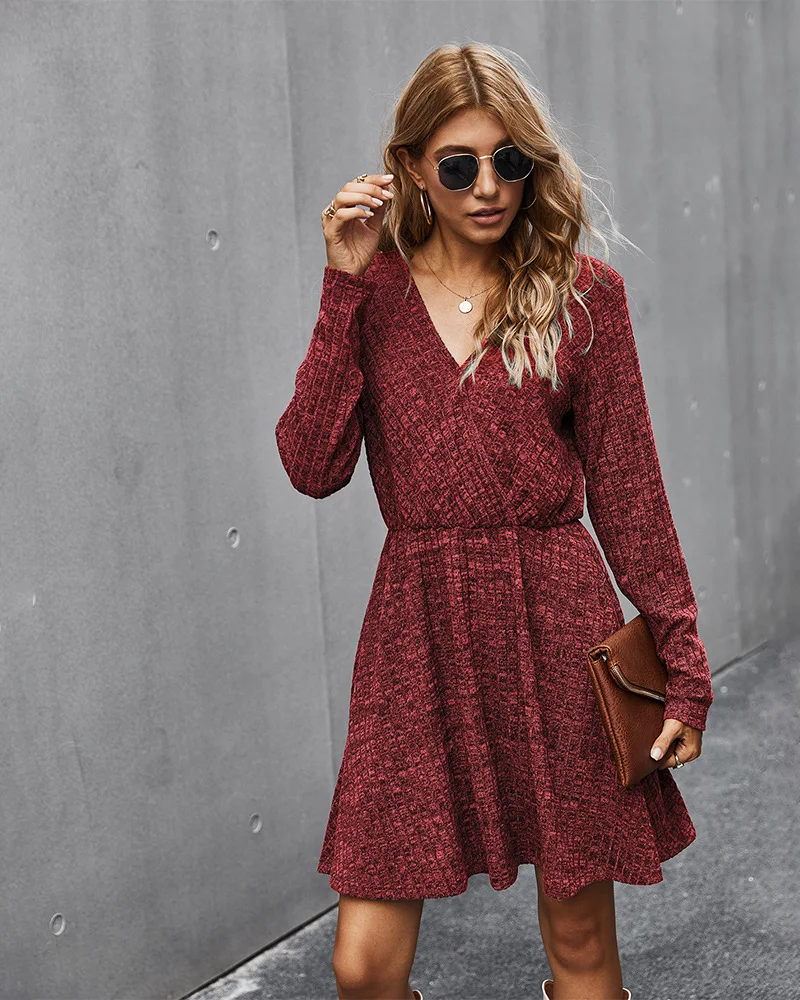 

2020 Fall/Winter V-neck Women Dress Sexy Slim A-line Dress Fashion New Solid Color Casual High Waist Knitted Elegant Women Dress