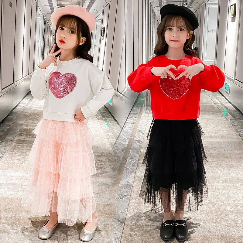 

Children Clothing Set Autumn Teen Girl Clothes Kids Sequin Heart Pattern Sweatshirt + Skirt 2PCS Suits for Girls Clothes 3-12Y