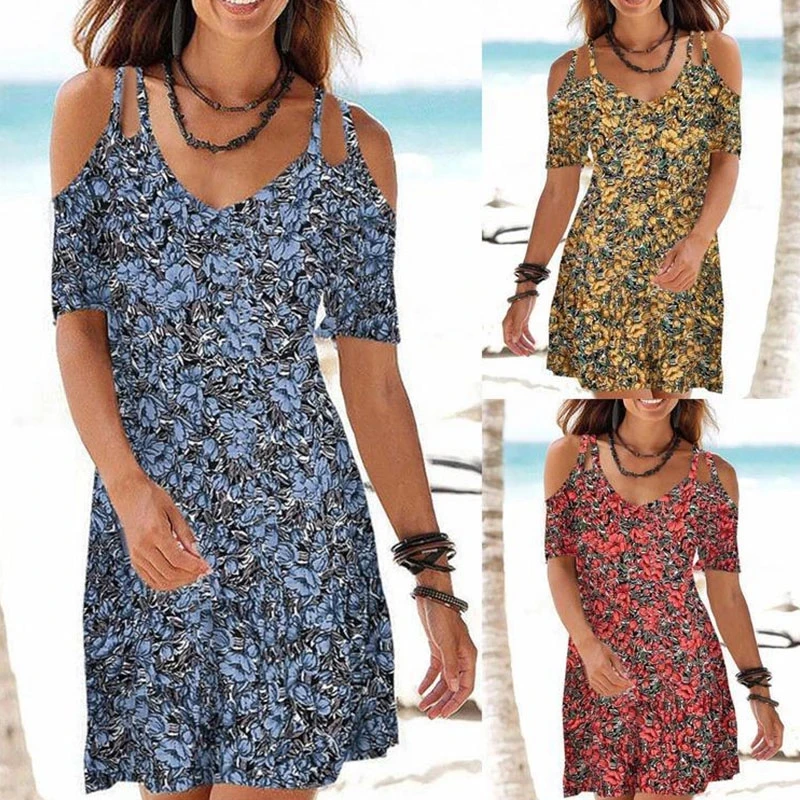 

Summer Ladies Mid-length Dress Beach Casual Dress Sling V-neck Printed Slim Dresses Plus Size S-5XL Flower Print Dresses Women