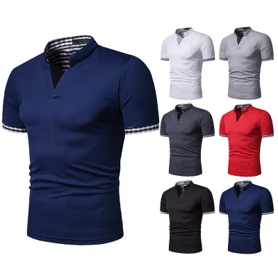 

Men's POLO shirt summer new European and American fashion plaid stitching men's POLO shirt Henry collar short-sleeved T-shi P034