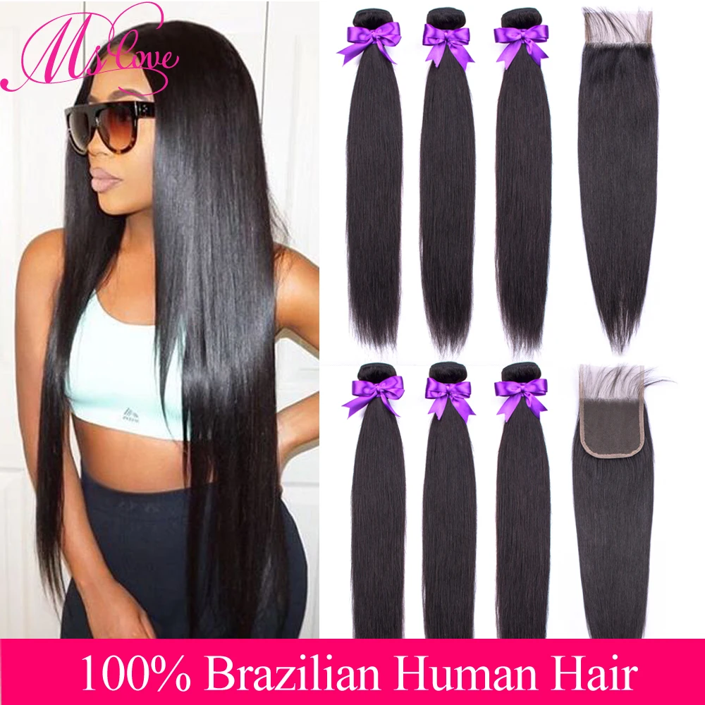 Human Hair Bundles With Closure Straight Hair 3 Bundles With Closure Brazilian Hair Weave Bundles 24 26 28 Inch Hair Ms Love