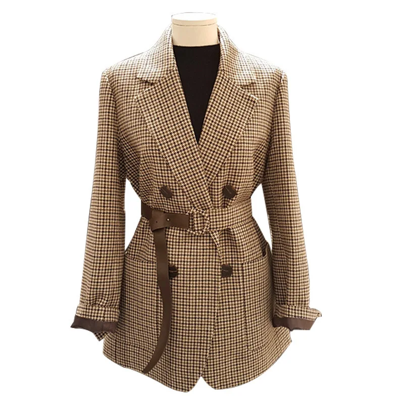 

Plaid jacket autumn and winter new style fashion temperament long-sleeved plaid woolen suit double-breasted lacing jacket blouse