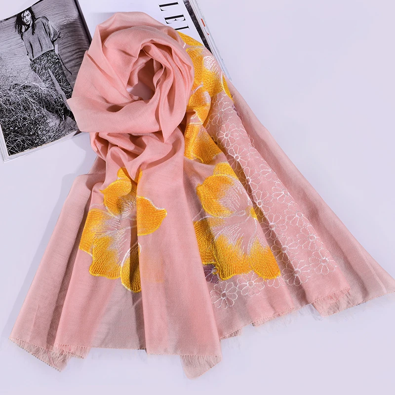 

Real Silk + Wool Scarves Embroidery Scarf Women Shawls Wraps Fashion Luxury Brand Headscarf Neckerchief Gift For Ladies 176x73cm