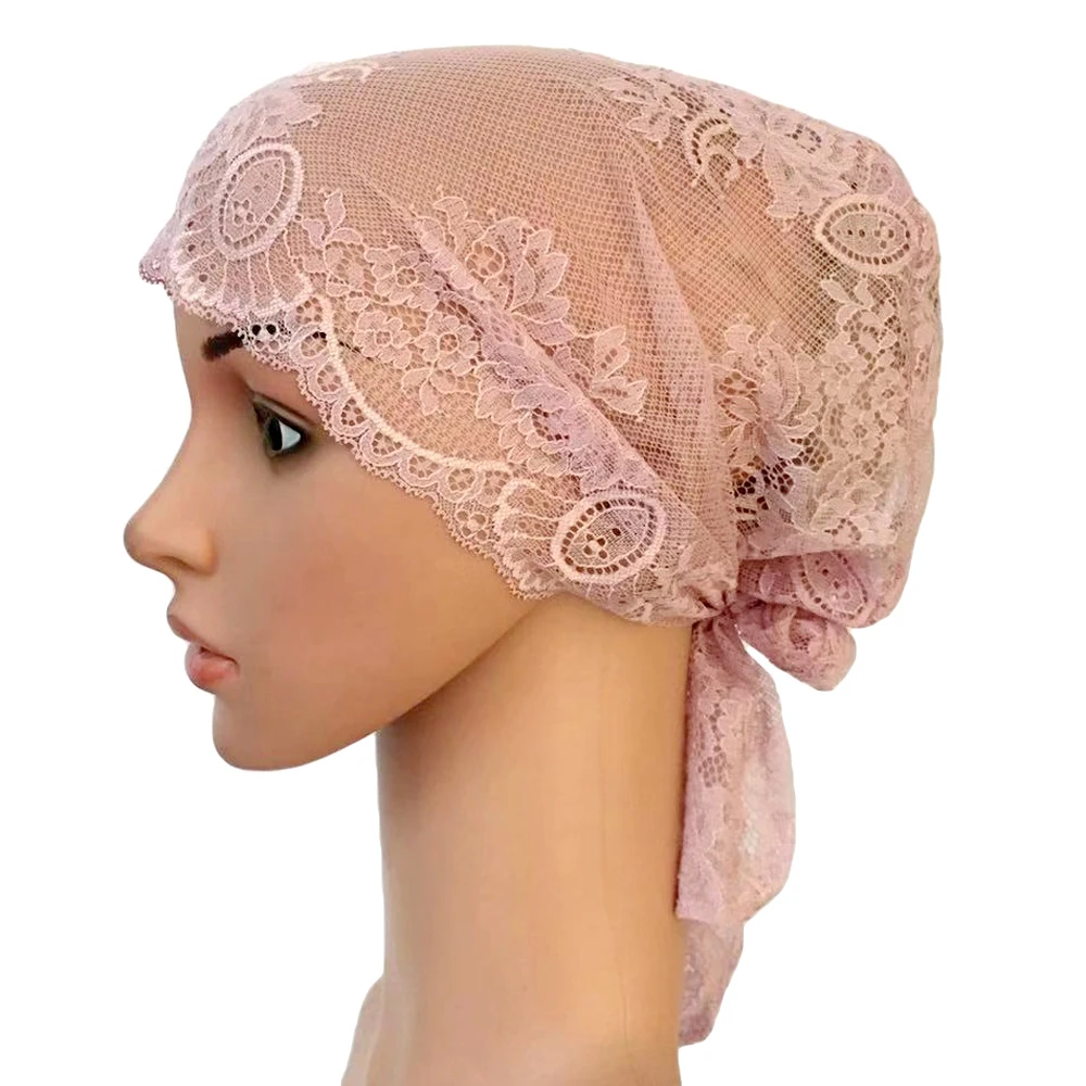 15 Pink Flower Women Muslim Inner Cap Lace Head Wrap Cover Scarf Islamic Headwear Bonnet Hat Skullies Beanies Hair Loss Fashion - Цвет: 15 Pink