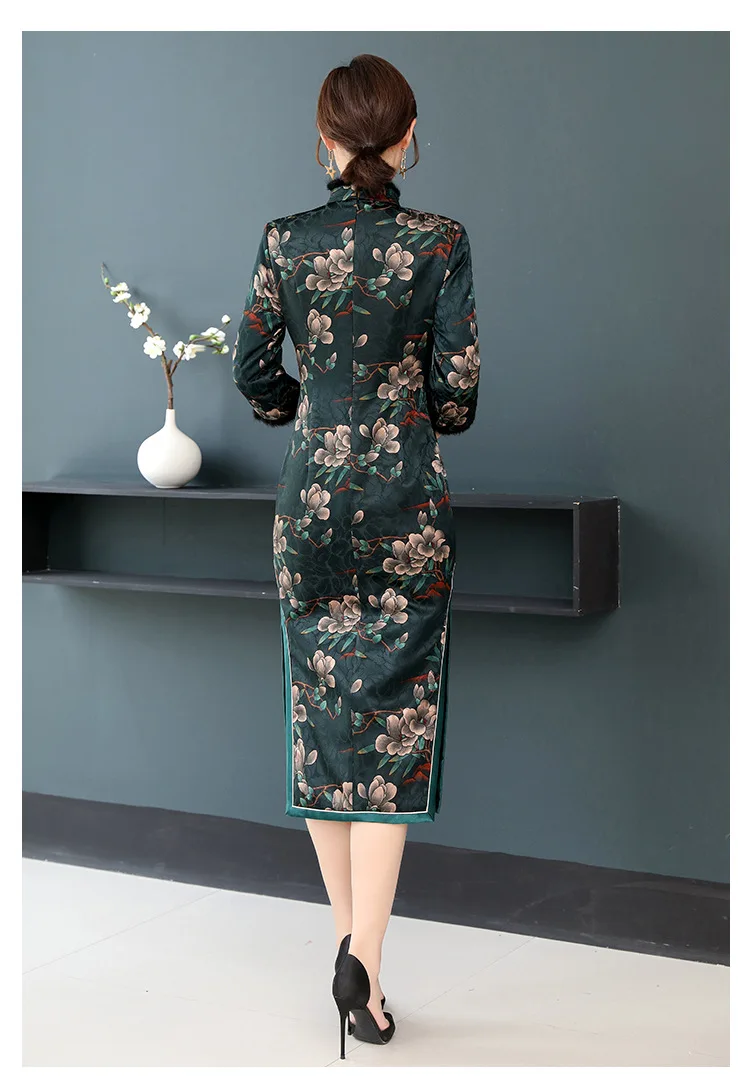 Винтажное хлопковое теплое китайское женское жаккардовое платье cheongsam Осень и зима Новинка