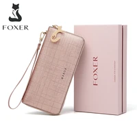 foxer women split leather wallet bifold clutch bag with wristlet fashion card holder coin purse cellphone bag female money bag