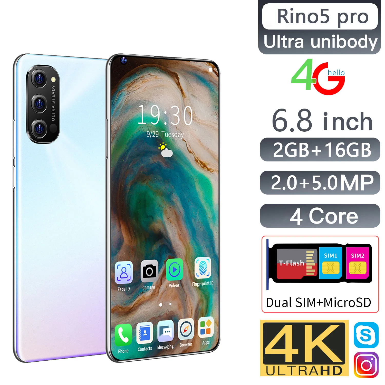 

Rino 5 Pro Smartphone Global Version cellphone 6.8 inch Full Screen Deca Core 2800mAh 2GB 16GB 4G LTE Network Mobile Phone