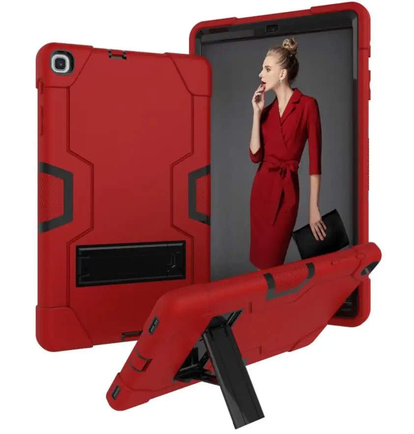 red black Чехол для Samsung Galaxy Tab A 10,1 SM-T510 T515, детский безопасный сверхмощный силиконовый Жесткий противоударный Броня Гибридный чехол-подставка+ ручка - Цвет: red black