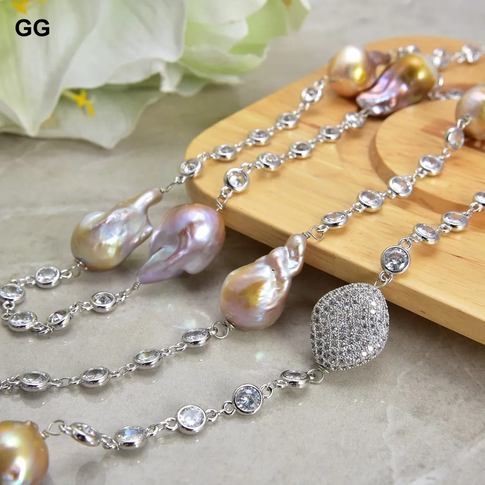 

GG Jewelry 39" Purple Keshi Pearl White Gold Color Plated Crystal Chain Necklace