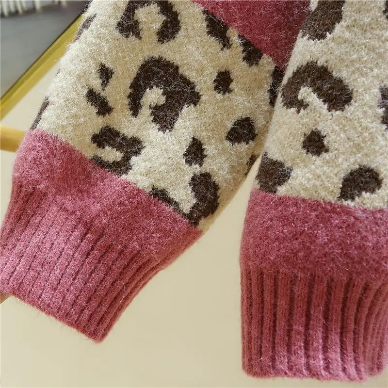 

Hsa 2021 Women Casual Pullover and Sweaters Long Sleeve Patchwork Leopard Knit Jumpers Pink Sweater Tops Thick Winter Knitwear