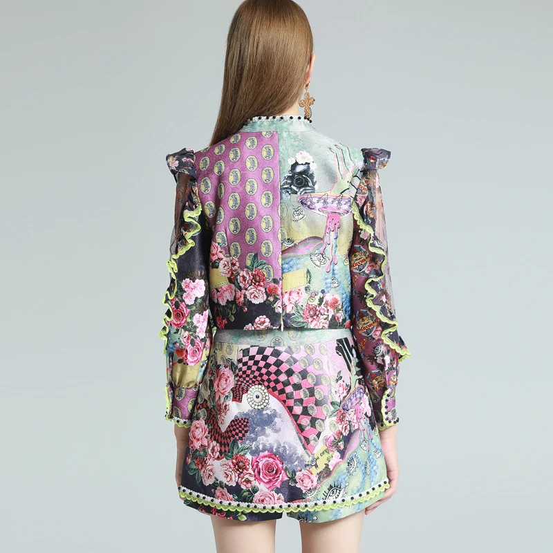 2021 SPRING FLORAL PRINT RUFFLE BLOUSE & SHORTS SET