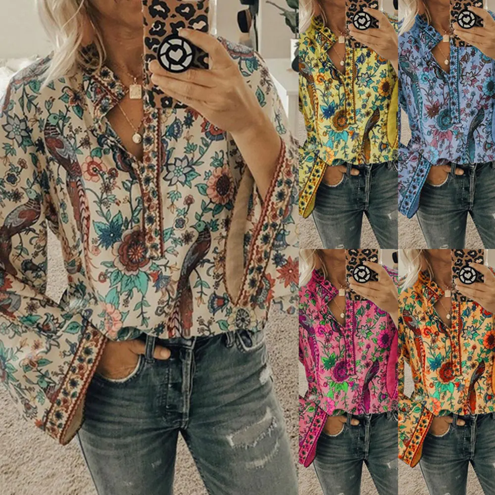 

Gentillove Floral Print Loose Vintage Blouse Casual Long Sleeve Elegant Lady V-Neck Shirts Women Casual Summer Beach Tops Tunic