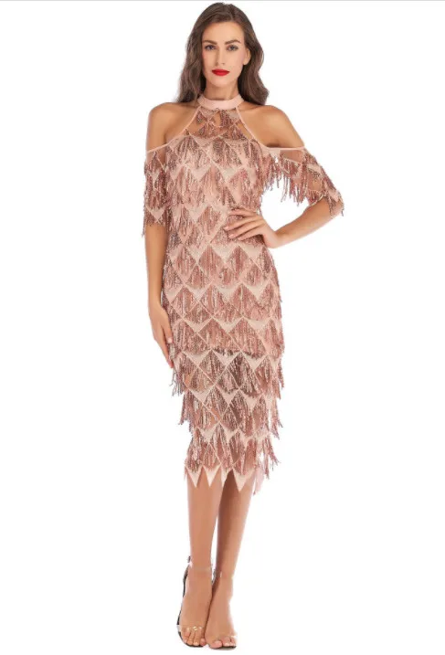 

Women Elegant Sequined Evening Party Dress Cold Shoulder Formal Vestidos Mesh Runway Dress Sexy Night Club Tassels Fringe Dress