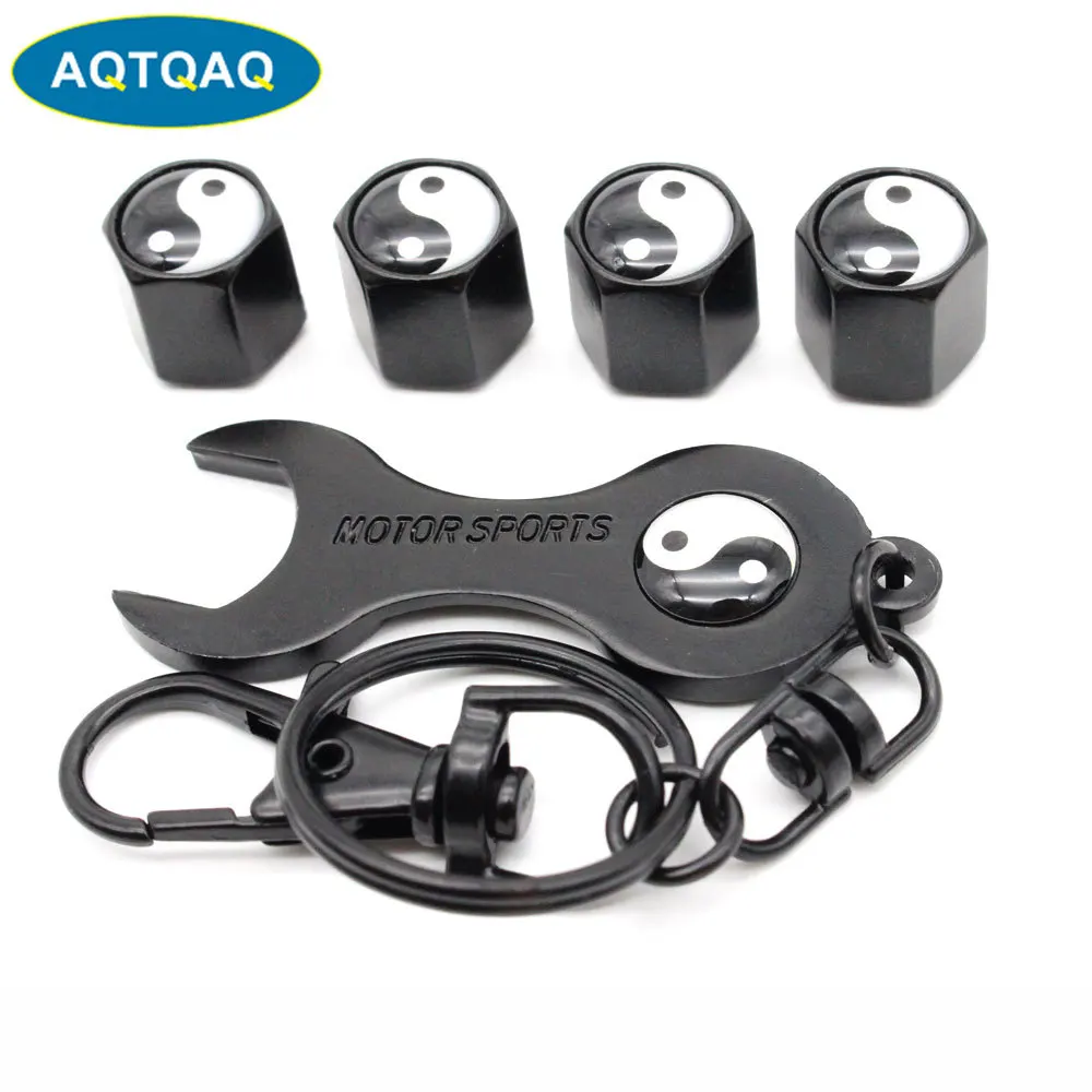 5Pcs/Set Tai Chi Style Anti theft Emblem Auto Car Wheel Tire Air Valve Caps With Wrench Keychain Zinc Alloy Stem Dust Cover Acce|Стержни и