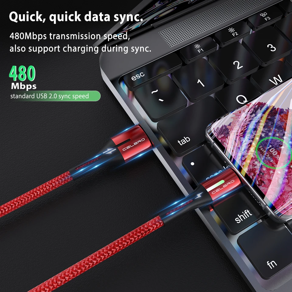 Кабель Usb Type-C со светодиодной подсветкой 3 А 1/2/2 м | Мобильные телефоны и