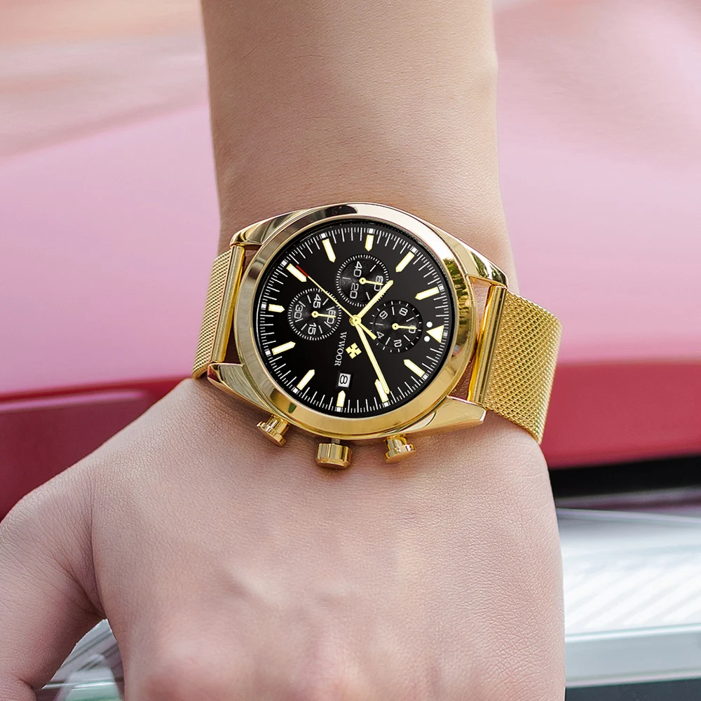 

2022 WWOOR Fashion Sports Multifunction Watches Men Luxury Brand Gold Steel Mesh Quartz Clock Waterproof Chronograph Wrist Watch