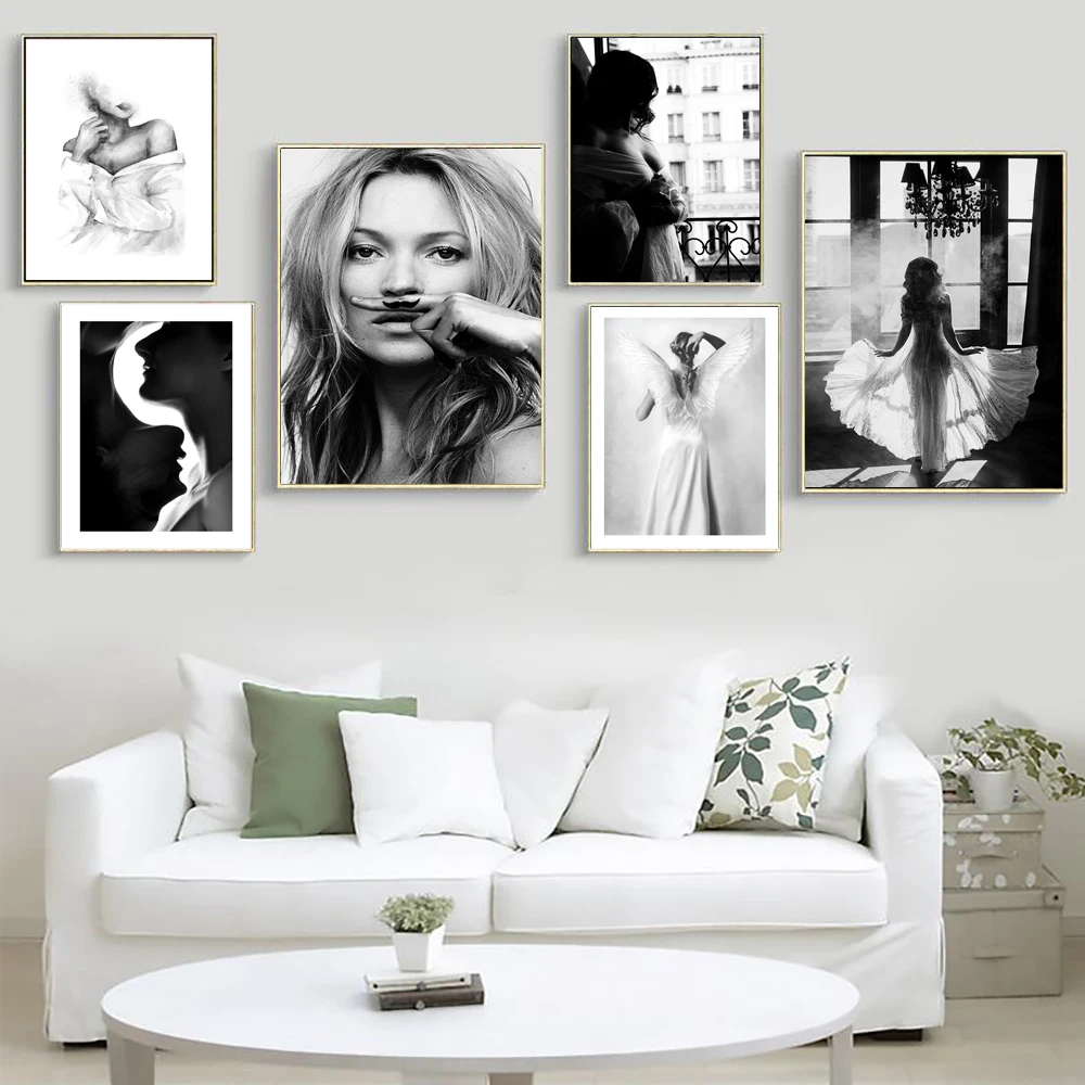 

Black White Fashion Sexy Woman Paris Window View Poster Art Print Canvas Painting Neck kiss Wall Picture For Living Room Decor