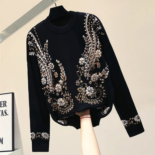 

Studded Beaded Petal Pullover Knitting Sweater Coat Woman Autumn Winter Womens Sweaters 2020 New Female Clothes Top