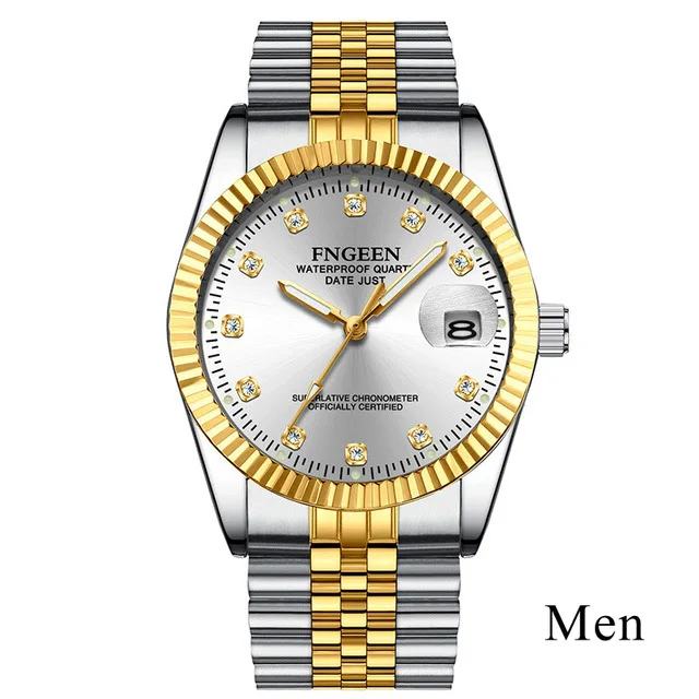 Gold Watches for Men Top new Brand Luxury Diamond Quartz Couple Watch Women Steel Strap Date Luminous Reloj Hombre Lovers Watch