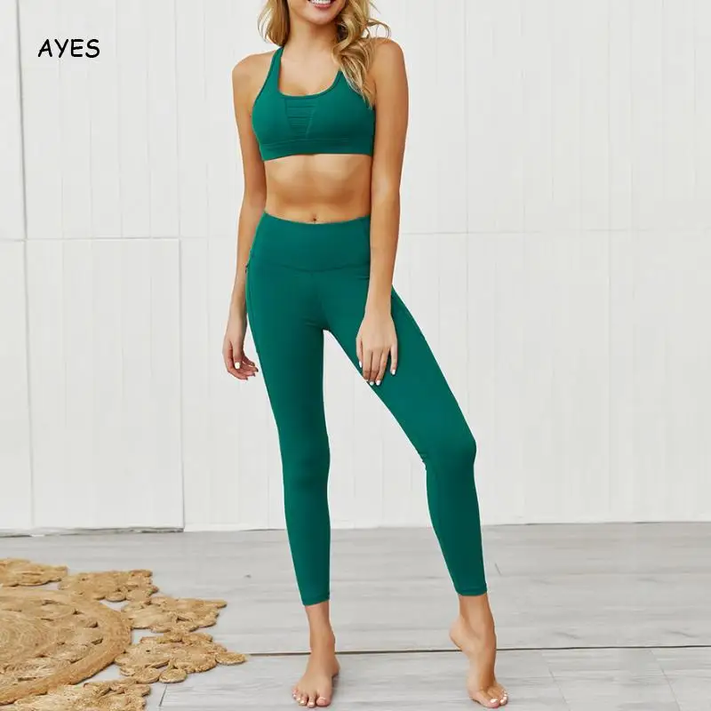 

Женский комплект одежды с пуш-ап Yogawear, облегающие штаны с узором в виде танков, леггинсы, спортивная одежда, спортивные костюмы с открытой сп...