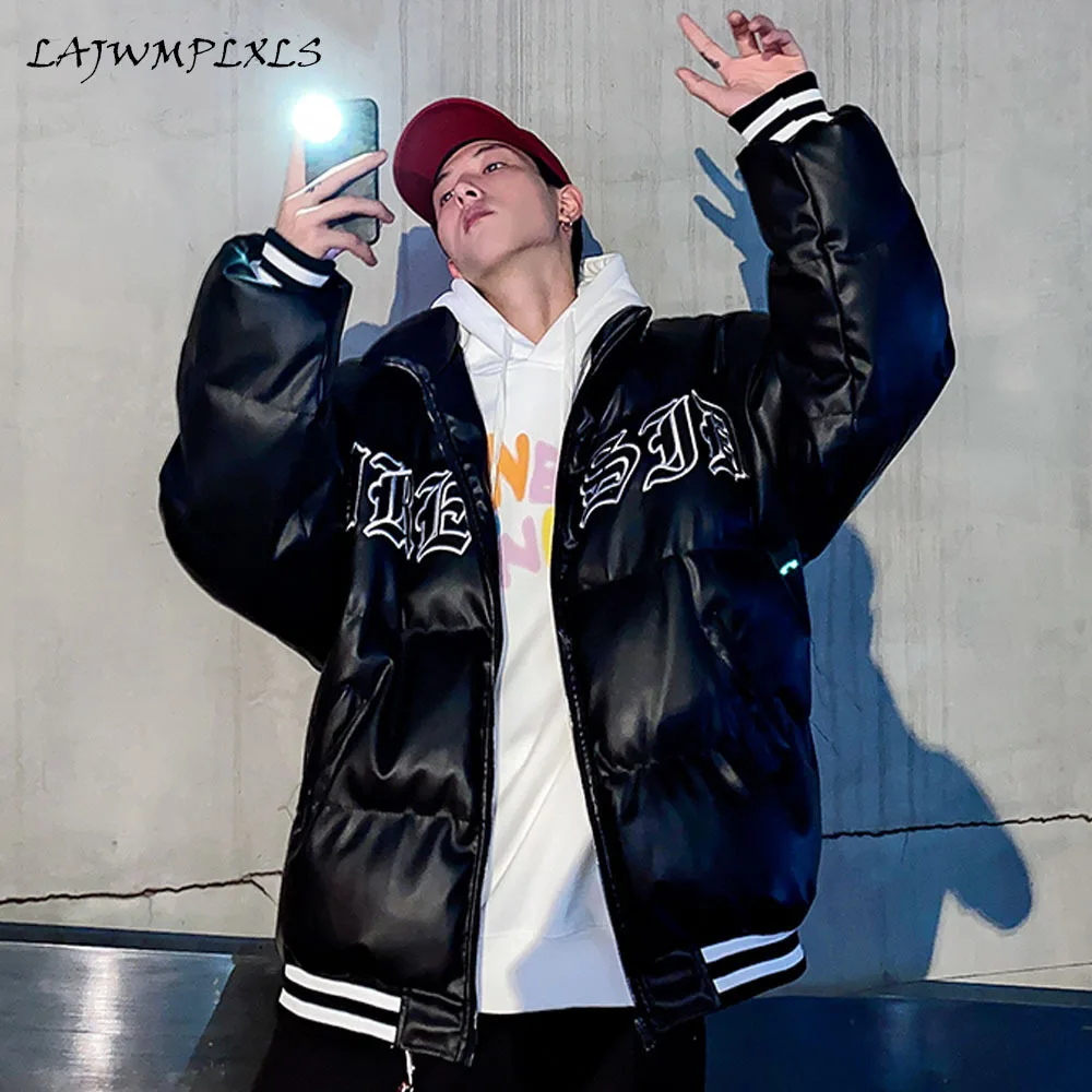 

Hip Hop Oversize Pu Leather Padded Jacket Coat Streetwear Gothic Text Print Jacket Parka Harajuku Winter Men Outwear Thick