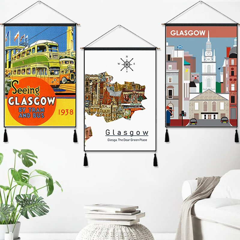Смотреть Глазго Шотландия поп арт Винтаж путешествия висит ткань хлопок линия