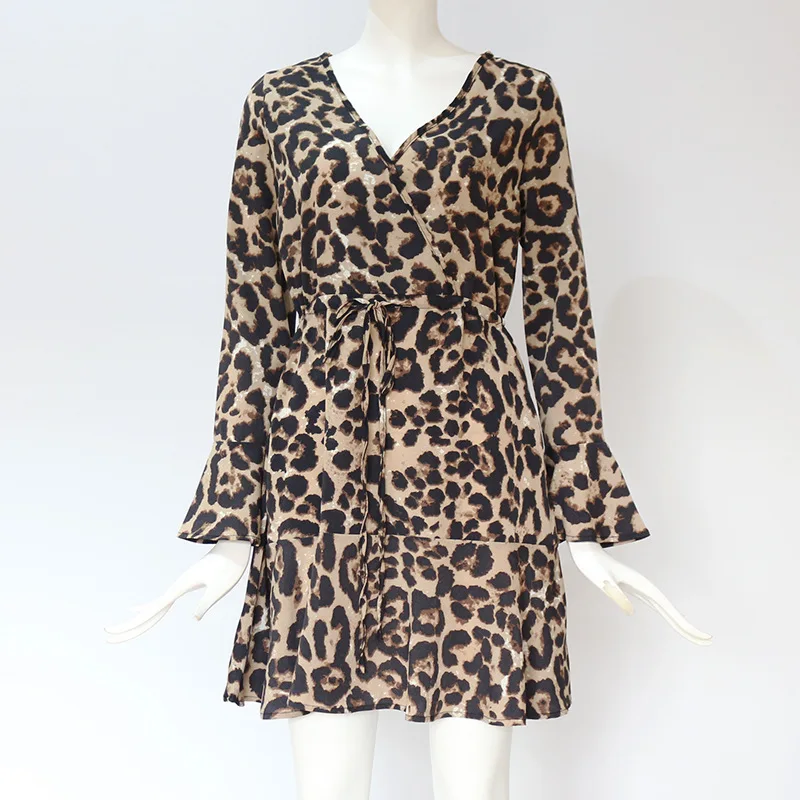 

Sexy Womens Loose Dress Fashion Ladies Open Leopard Splice Print Casual Party Dress V-neck Long Sleeve Beach Dresses Vestidos