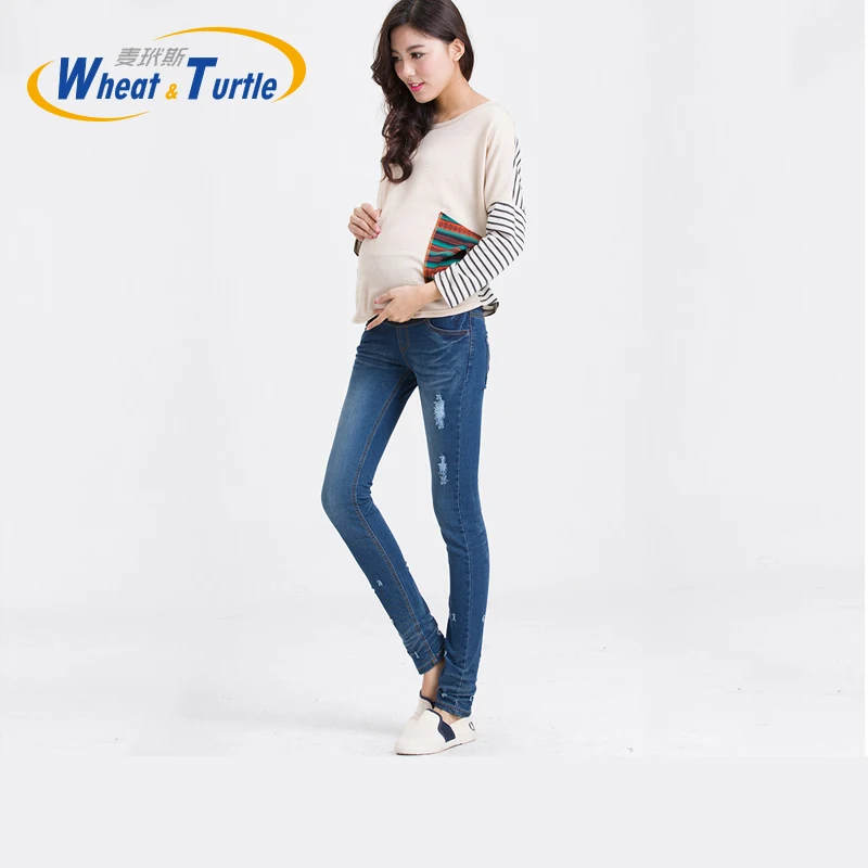 Maternity Holes Skinny Jeans Good Quality Cotton Distressed Blue Slim Pencil Jeans for Pregnant Women  Pregnancy Clothes Jeans