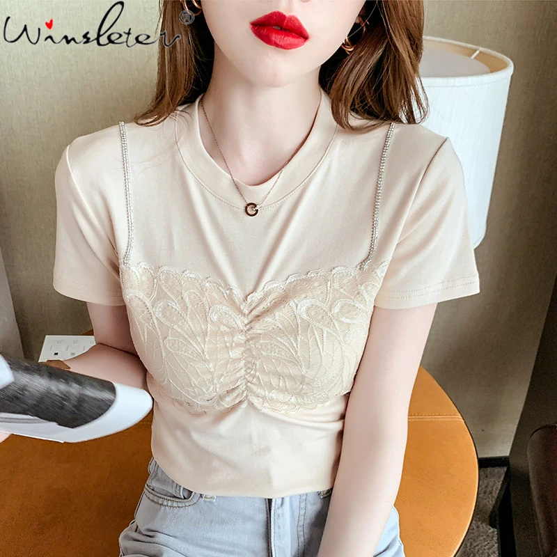 

Summer 2021 Cotton T-shirt Women Lace Embroidery Patchwork Diamond Straps Ruched Casual Tops Tees Short Sleeve T16606A