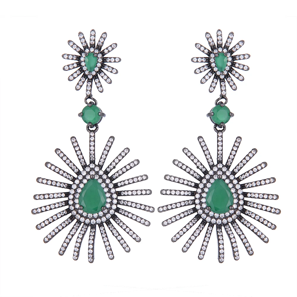 

LARRAURI Luxury Geometric Cubic Zircon Green Crystal Earring For Women Bridal CZ Drop Dangle Earring aretes de mujer modernos