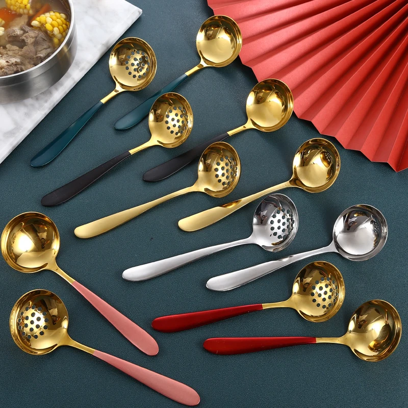 

BalleenShiny High Quality 304 Stainless Steel Soup Spoon Creative Hotel Restaurant Hot Pot Soup Spoon Colander Household Spoon
