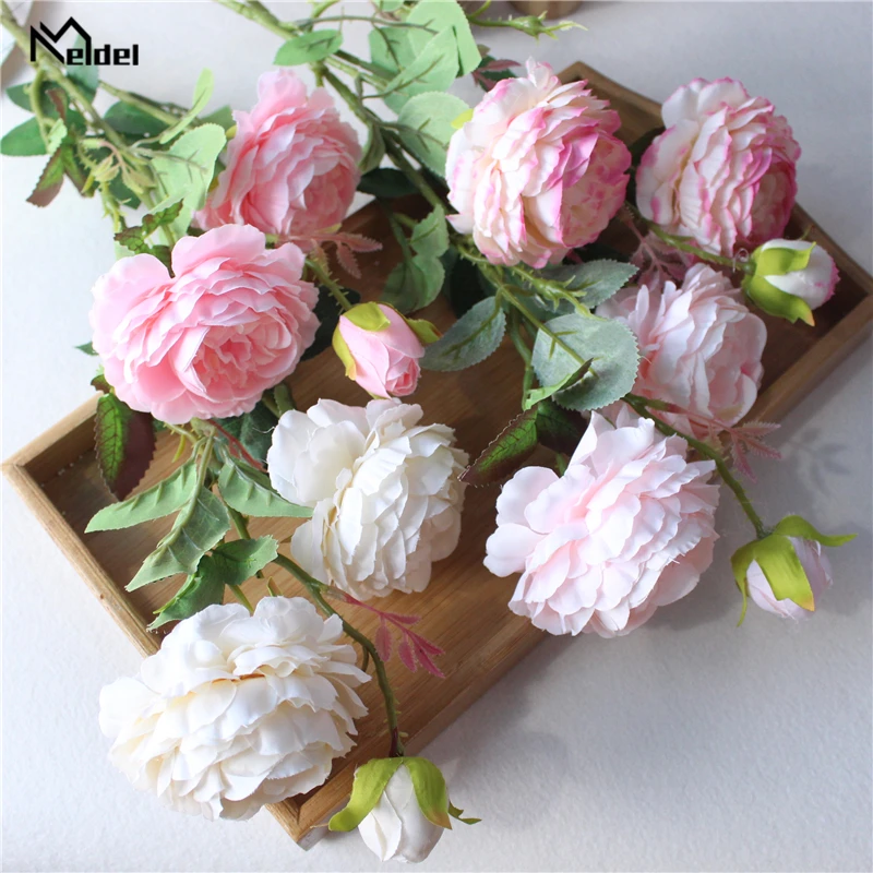 

Meldel Rose Flower Branch DIY Bouquet Artificial 3 Heads Flower Silk Rose Fake Peony Wedding Flowers Champagne Home Party Decor