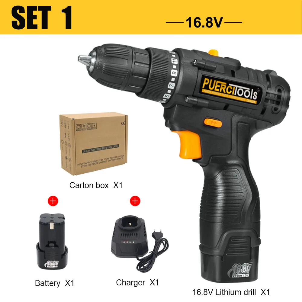 SET 1 PUERCI Новое поступление 16,8 V Аккумуляторная дрель электрическая отвертка Мини Беспроводной Мощность драйвер постоянного тока литий-ионный Батарея 3/8 дюйма - Цвет: SET 1