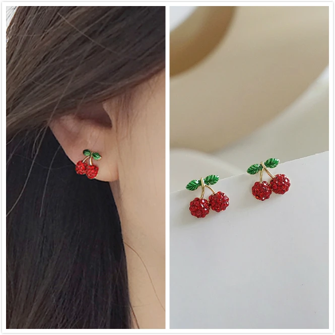 Женские серьги с вишневыми фруктами простые сережки в виде милых красных фруктов